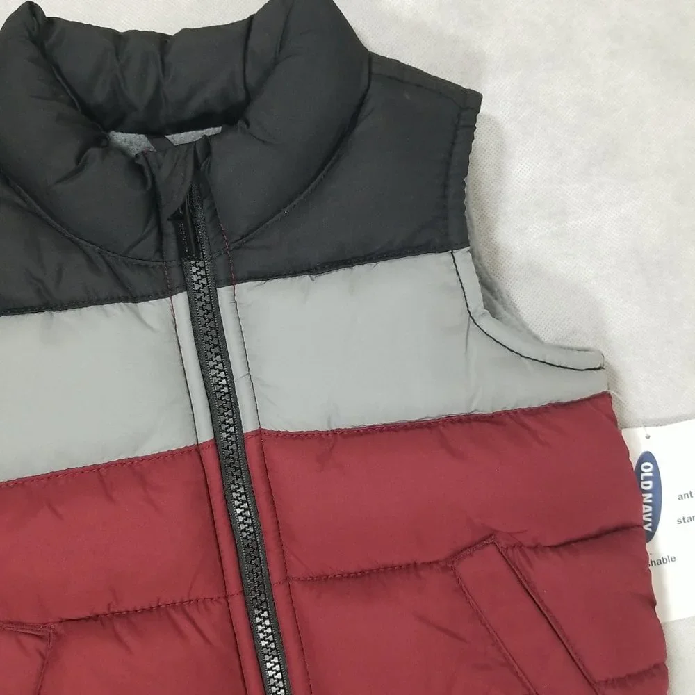 Old Navy Puffer Vest Toddler Boys 12-18m Burgundy Gray Sleeveless Full Zip‎ NWT